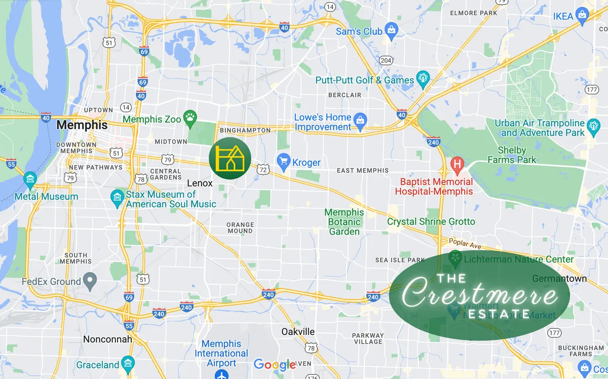 A map-style view highlighting Crestmere Estate’s location in Midtown Memphis, with clear markers for nearby attractions such as the Memphis Zoo and Botanic Garden. The vibrant setting suggests easy access to parks and family activities.